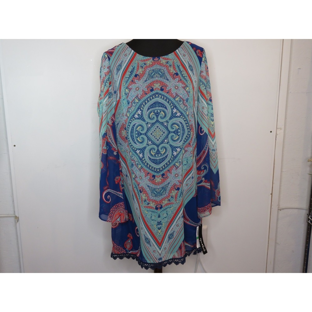 NWT Sequin Hearts Boho Mini Dress Women's Blue Large Lace Bell Sleeve Bohemian